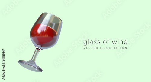 Realistic glass of wine. Invitation to degustation. Tours to local winery. Alcoholic drink made from grapes. Flyer, card with text. Horizontal advertising layout on green background