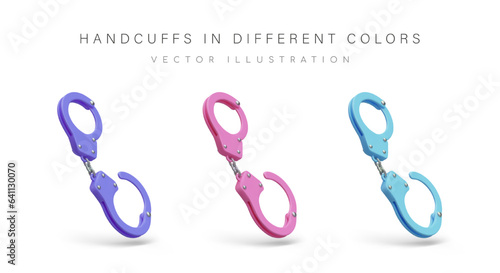 Metal handcuffs for role playing games. Domination over partner, punishment. Hand immobilization. Purple, pink, blue handcuffs from sex shop. Color icons, products for adults