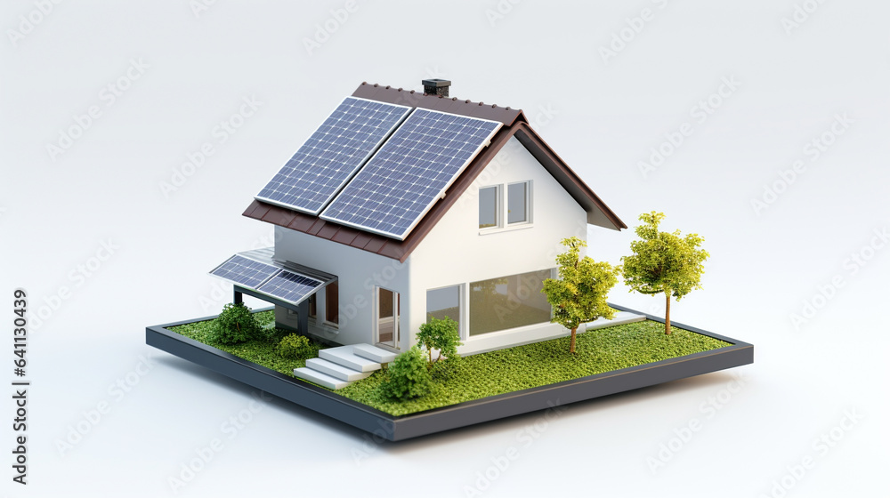 miniature house model with solar panel on roof on white background. smart home energy saving concept
