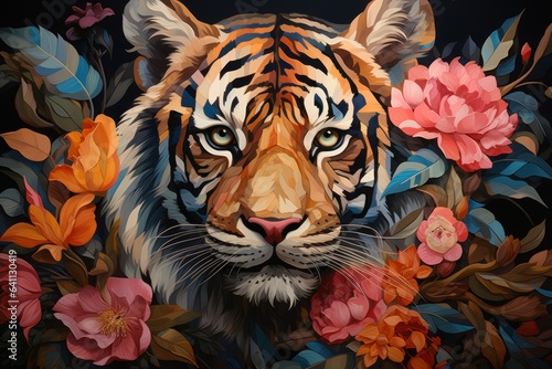 An oil painting of Tiger with flowers Generative AI.
