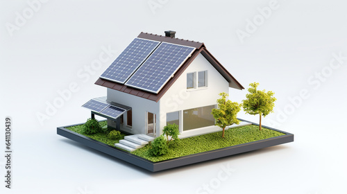 miniature house model with solar panel on roof on white background. smart home energy saving concept © piggu