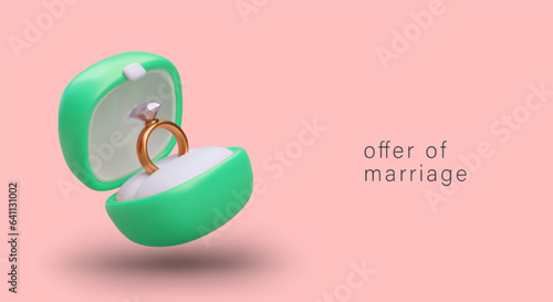 Marriage proposal. Green box with wedding ring. Advertising banner in romantic style. Gold jewelry with diamond. Luxurious accessory. Template for wedding business, jewelry store