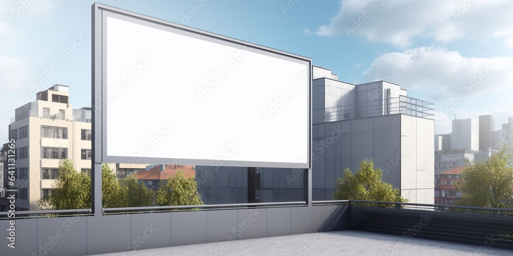 Empty billboard on a rooftop with city skyline in the background. Created with Generative AI technology