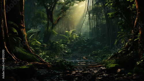 Dark rainforest sun rays through the trees © Cedar