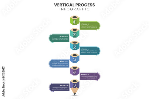 Vertical timeline infographics template with six arrows with place dates and text, vector illustration