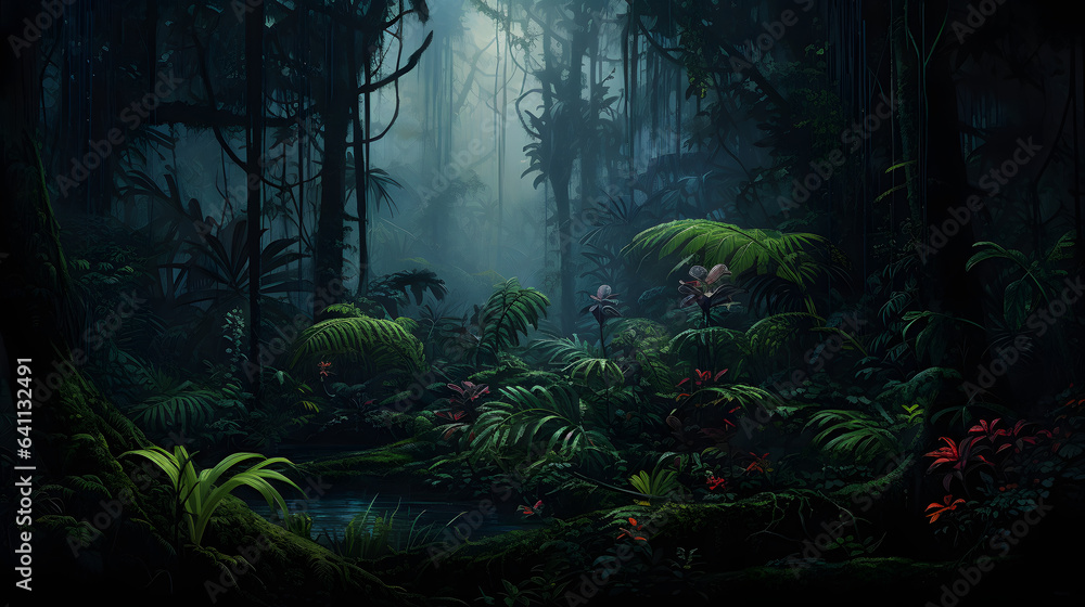 Dark tropical forest in the rain large exotic plants