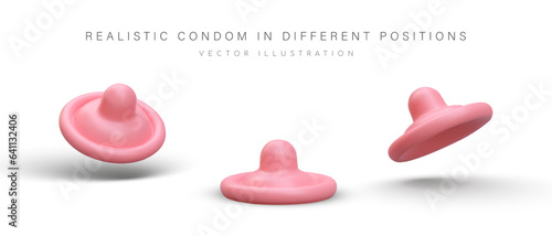 Realistic male condom in different positions. Set of colored vector illustrations. Protection against venereal diseases. Contraceptive accessory. Isolated images, icons