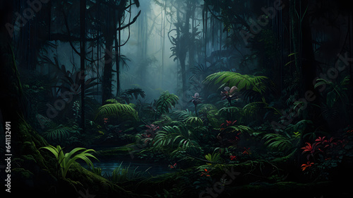 Dark tropical forest in the rain large exotic plants