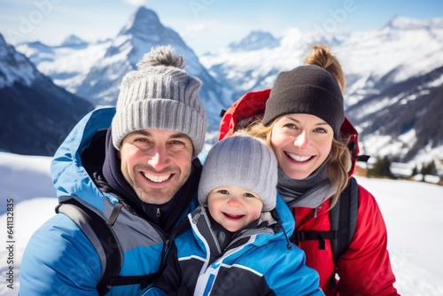 Happy family on the slope of a ski resort. Winter vacation in nature