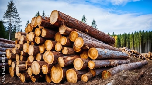 long sawed logs lying on the ground. concept of the wood and woodworking industry