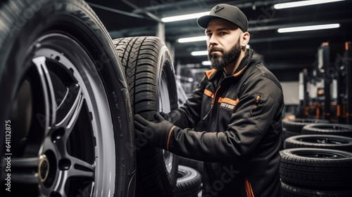 Concept of Seasonal change of car tires. Professional car mechanic against the backdrop of an automobile workshop