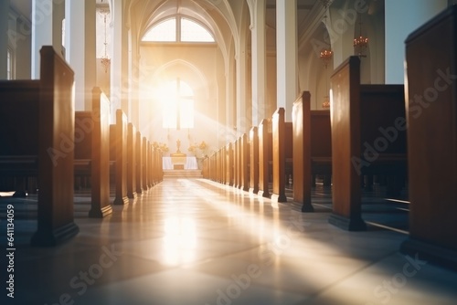 Interior of a church with sunlight shining through the windows. filtered image