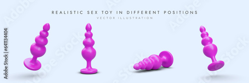 Set of realistic beaded butt plugs in purple color. Sex toy for massaging prostate. Product for adults. Sex shop icons. Vector object in different positions. Illustrations for site, application