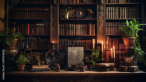 Vintage Library Room with Books on the Bookshelf