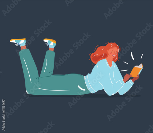 Vector illustration of Young Girl Lying reading the book on dark background.