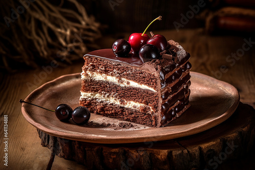 Slice of black forest cake with cherry on top 