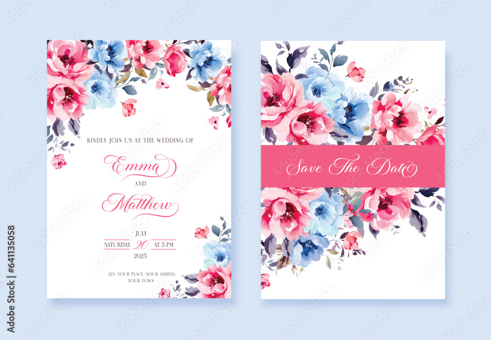 Wedding vector floral invitation and Save The Date cards watercolor design set: garden flower pink and blue Rose flowers.