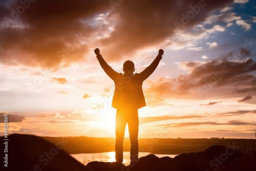 This photograph features a man with raised arms against a stunning sunset backdrop. His carefree stance is truly remarkable.Generative AI