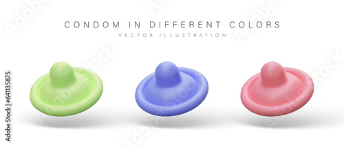 Set of male condoms. Personal protection against pregnancy and venereal diseases. Control of reproduction. Health care. Color icons for pharmacy, sex shop