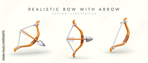 Bow and arrow. Small arms. Cupid accessory. Drawn bow. Set of illustrations in cartoon style. Isolated vector image with shadows. Icons for web design