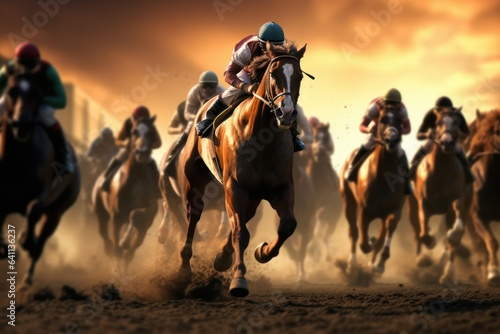 The image depicts horse racing, betting on equestrian sports, equestrians, and many horses competing in a race against the backdrop of the sunset.Generative AI