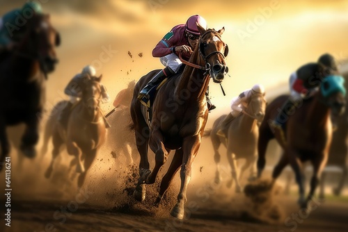 The image depicts horse racing  betting on equestrian sports  equestrians  and many horses competing in a race against the backdrop of the sunset.   Generative AI