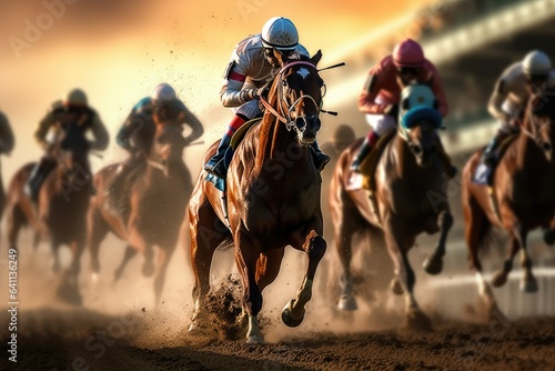 The image depicts horse racing, betting on equestrian sports, equestrians, and many horses competing in a race against the backdrop of the sunset.   Generative AI © lee