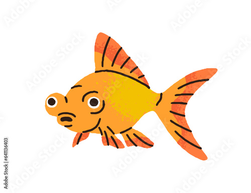 Cute gold fish with big eyes. Funny little goldfish swimming. Exotic tropical aquarium animal, decorative creature. Surprised shocked emotion. Flat vector illustration isolated on white background