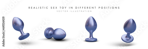 Set of classic butt plugs in different positions. Silver toy from sex shop. Accessory for adult games. Stimulation of anus, narrowing of vagina. Isolated image on white background