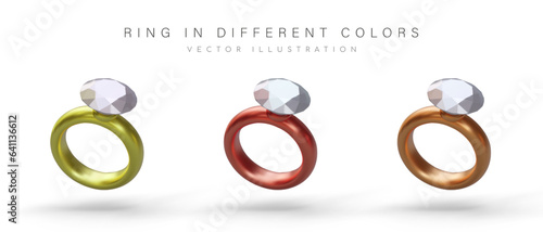 Set of rings in different colors. Accessory for marriage proposal. Precious finger jewelry. Image of artifact for computer game. Icons for jewelry store. Isolated vector illustration