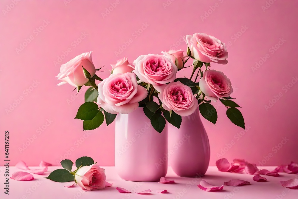 Pink roses in a vase on a pink background. Pink roses in a vase on a pink background.