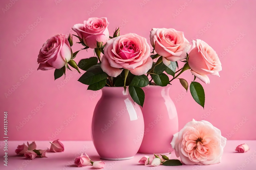 Pink roses in a vase on a pink background. Pink roses in a vase on a pink background.