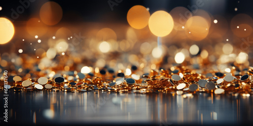 Festive celebration of the holiday Christmas, New Year, New Year banner background template - Abstract shiny bokeh texture with fire. silver and gold. Unfocused background. Brilliance © Ivan