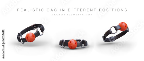 Realistic gag set with breathable red ball for long sessions. Black adjustable collar for kinky fun. Toys for adults, BDSM. Accessory for submissive. Sex shop goods. Isolated illustration