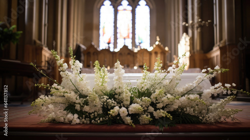 Fotografie, Tablou Generative AI, white flowers lie on the coffin in the temple, funeral ceremony,