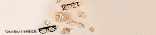 Glasses sale banner. Optic store sale-out offer. Trendy glasses in plastic and metallic frame on a beige background with golden leaves. Copy space. For banner, web line. Optic store fall discount