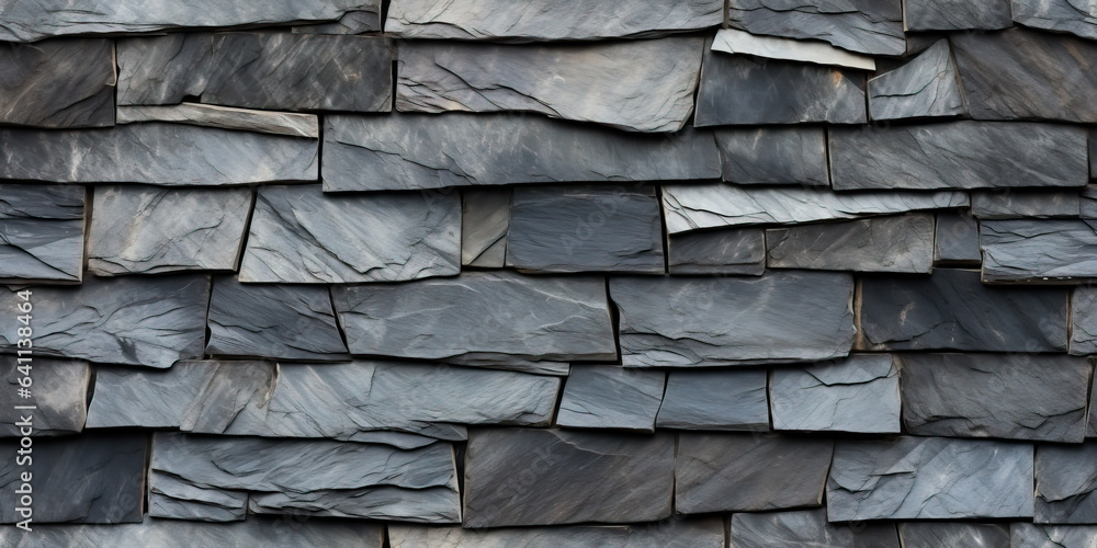 Slate stone roof in a seamless tiled pattern. Flat grey stone slabs create a repeating background texture. - obrazy, fototapety, plakaty 