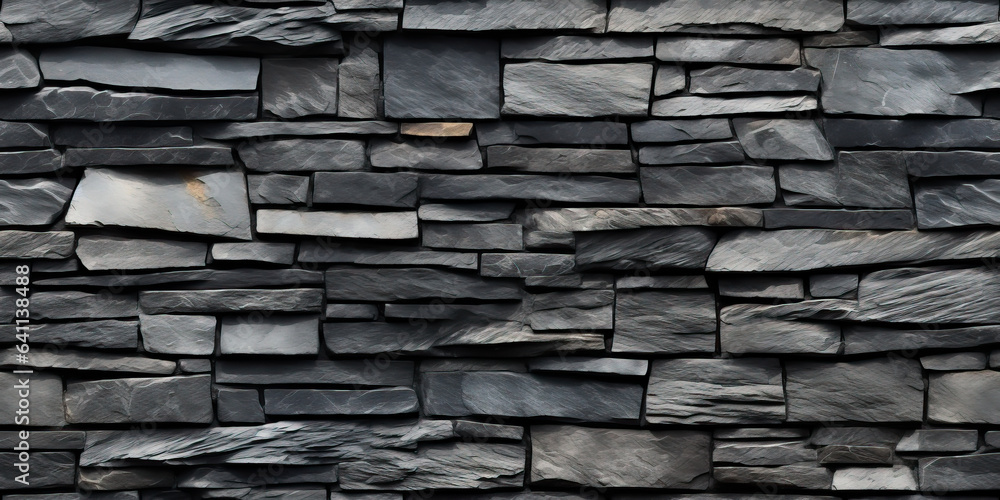 Slate stone roof in a seamless tiled pattern. Flat grey stone slabs create a repeating background texture. - obrazy, fototapety, plakaty 