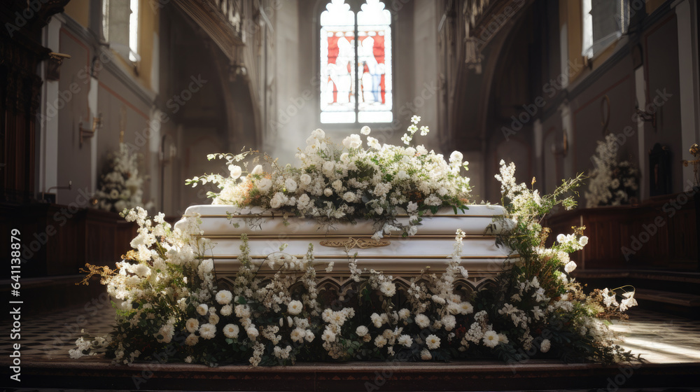 Generative AI, white flowers lie on the coffin in the temple, funeral ceremony, farewell to the deceased, christian catholic church, grave wreath, death, grief, space for text