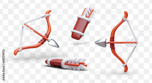 Bow and quiver with arrows in cartoon style. Ancient hunting weapon. Cupid accessory. Accurate shots. Set of colored vector icons. Isolated 3D illustrations in modern style
