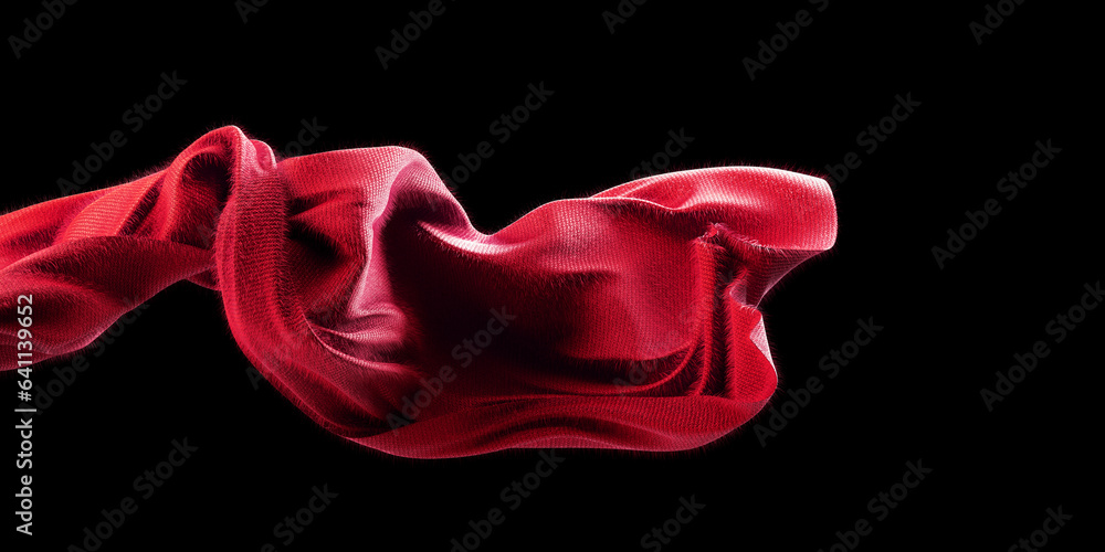 red soft fur fabric sdesign element, 3d rendering fuzz cloth material flying in the wind. Waving fur cloth isolated on black background. text space. Web article template red soft fur fabric sdesign element, 3d rendering fuzz cloth material flying in the wind. Waving fur cloth isolated on black background. text space. Web article template