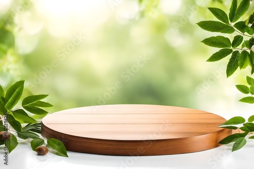 Round wooden podium on blurred leaf white background blank frame