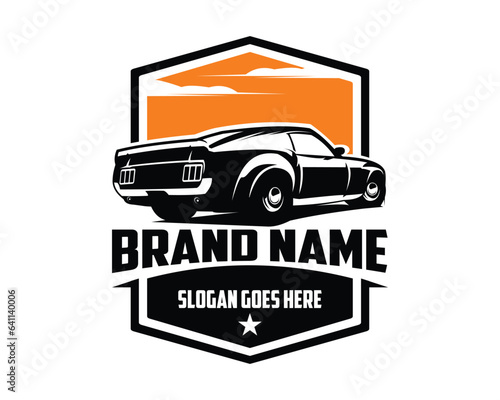 1974 ford Mustang logo. isolated white background view from behind with sunset sky view. Best for emblems, badges and the vintage car industry.