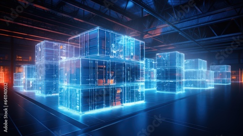 The concept of modern accounting and warehousing of containers in large storage areas. Digital neon illumination of storage bins, their numbers and names of packaged goods with delivery addresses.