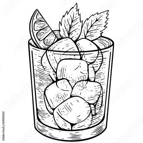 Cocktail with mint leaf and ice cubes sign vector art illustration