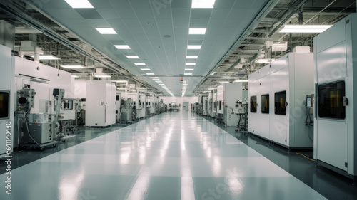 a clean  brightly lit semiconductor fab floor with lots of large white machines .generative ai