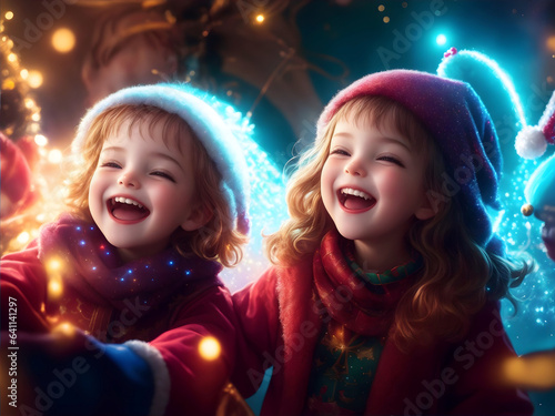 Two children having fun on christmas time, laughing, smiling, playing with lights and experiencing magic moment. New year greeting card, postcard, background.