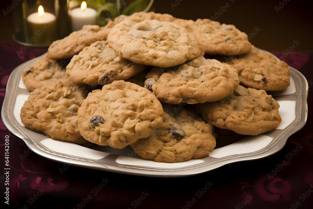 Oatmeal Cookie, hearty baked treat on a platter Oatmeal Cookie, hearty baked treat on a platter