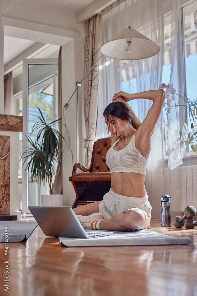 Pretty woman making pause and using laptop after working out at home. Pretty woman making pause and using laptop after working out at home.