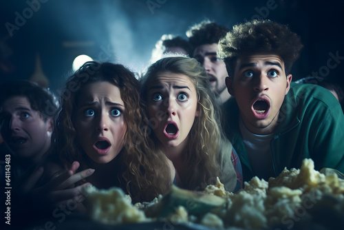Young people get scared while watching movie at cinema ai generated art